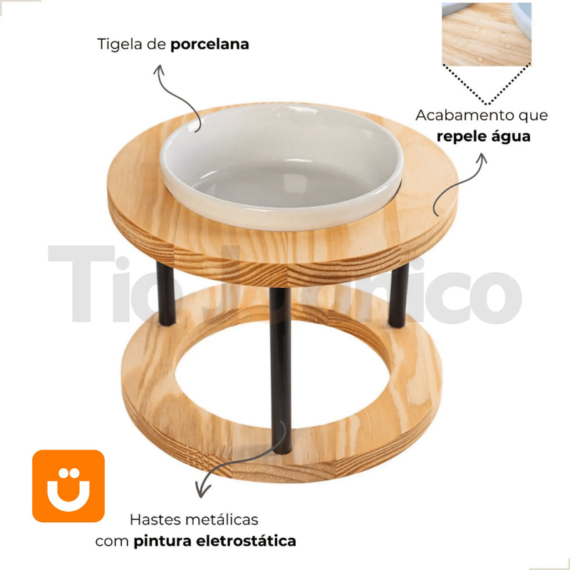 Comedouro Tioeasy™ Unitário em Madeira e Porcelana - Médio/Grande