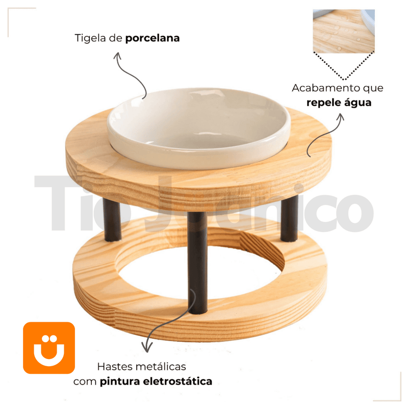 Comedouro Tioeasy™ Unitário em Madeira e Porcelana - Pequeno