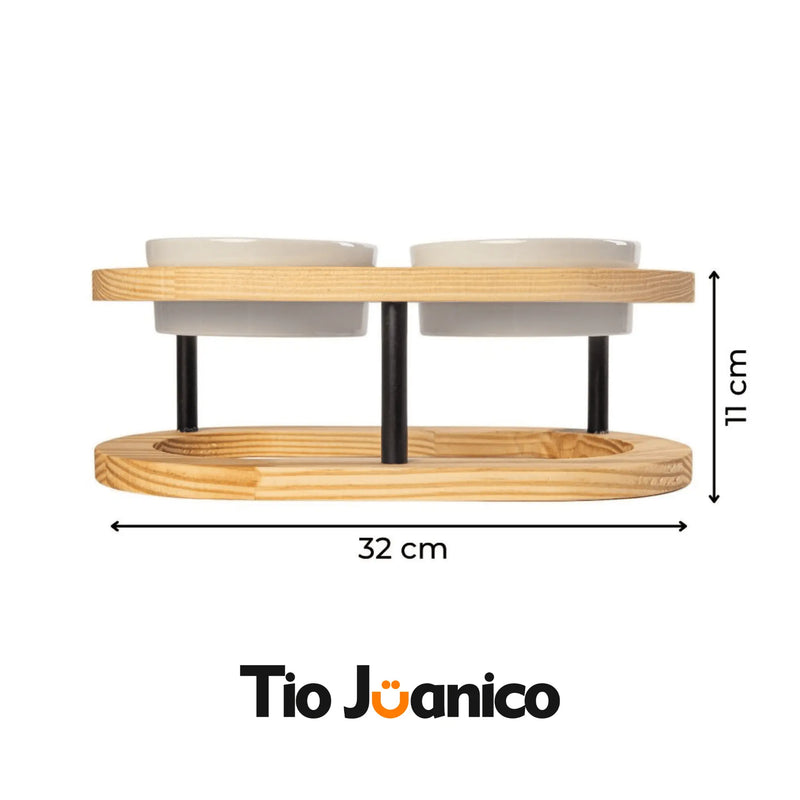 Comedouro Tioeasy™ Duplo em Madeira e Porcelana - Pequeno