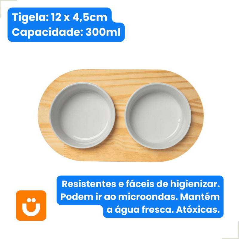 Comedouro Tioeasy™ Duplo em Madeira e Porcelana - Pequeno