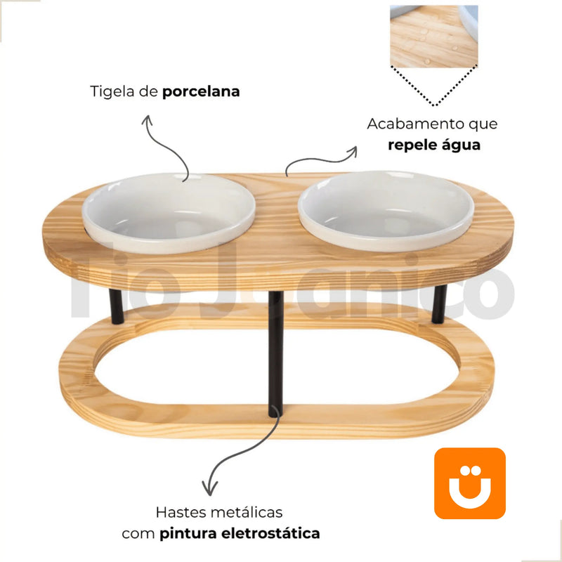 Comedouro Tioeasy™ Duplo em Madeira e Porcelana - Médio/Grande