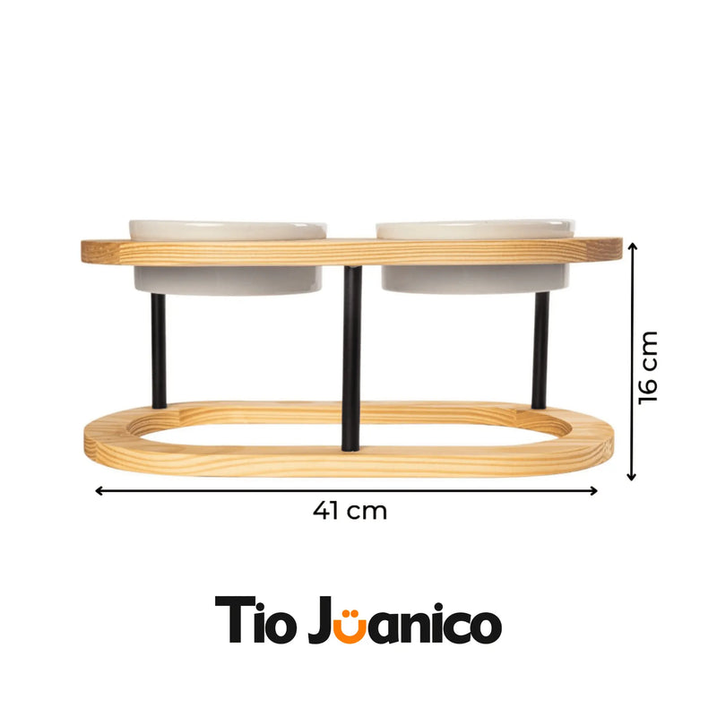 Comedouro Tioeasy™ Duplo em Madeira e Porcelana - Médio/Grande