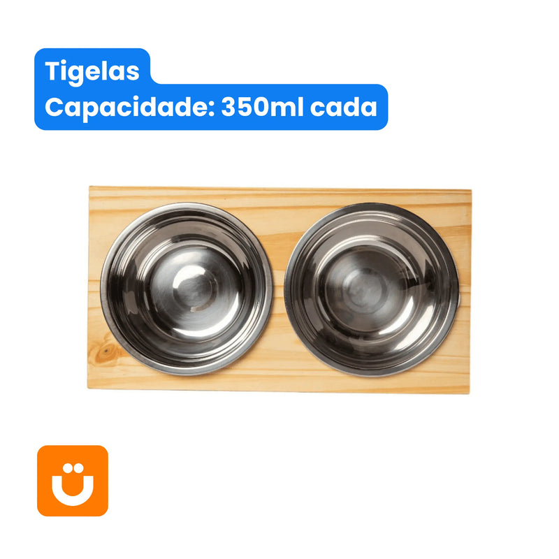 Comedouro Tioeasy™ Duplo em Madeira e Inox - Pequeno