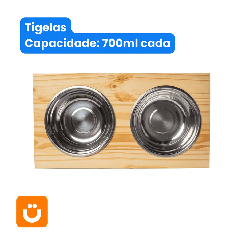 Comedouro Tioeasy™ Duplo em Madeira e Inox - Médio/Grande