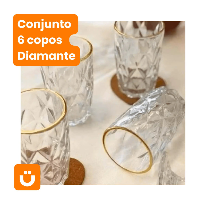 Conjunto de 6 Copos Diamante Tioeasy™ - Borda Fio de Ouro