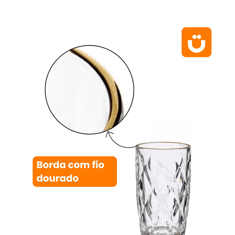 Conjunto de 6 Copos Diamante Tioeasy™ - Borda Fio de Ouro