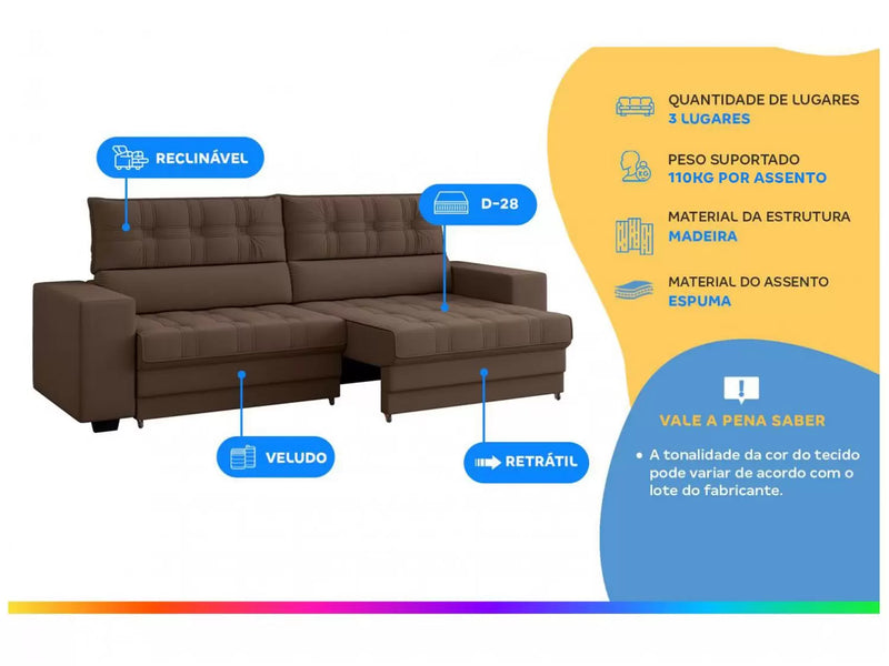 Sofá Retrátil Reclinável 3 Lugares Tioeasy™ - Veludo